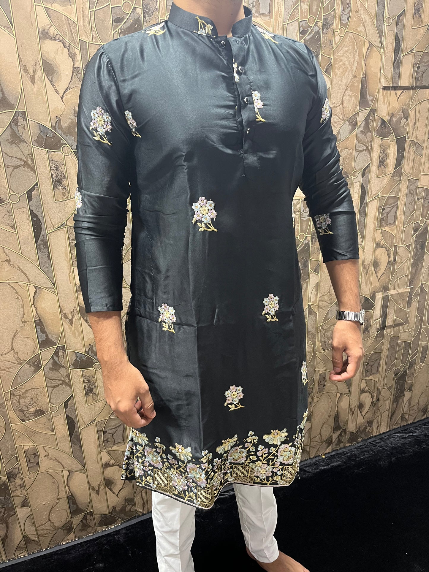 Men’s Silk Black Kurta – Floral Embroidery with Daman Work for Festive Wear - A16