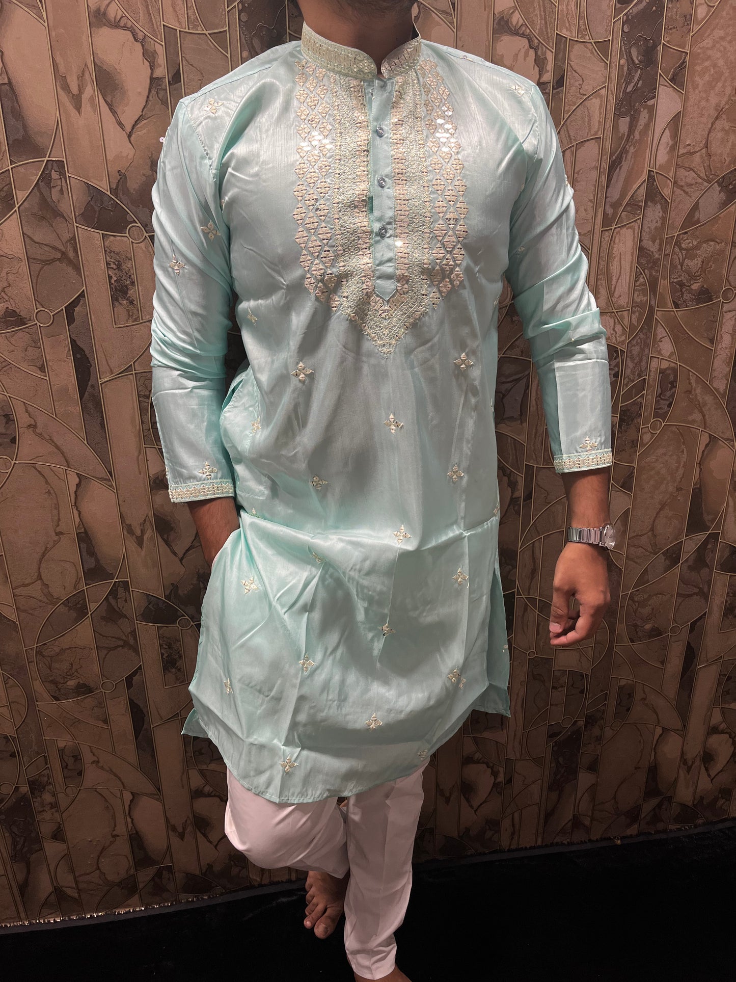 Men’s Cotton Light Blue Kurta – Minimal Neck Embroidery with Sequence Work A25