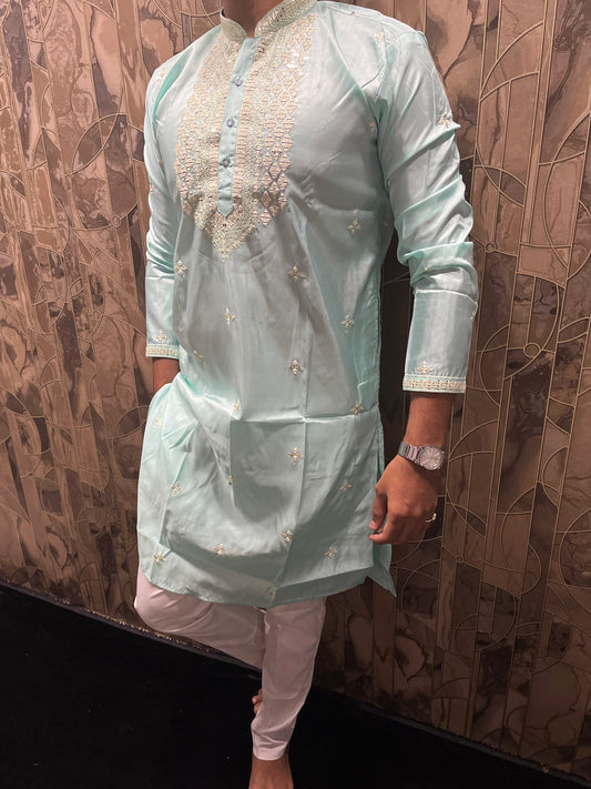 Men’s Cotton Light Blue Kurta – Minimal Neck Embroidery with Sequence Work A25
