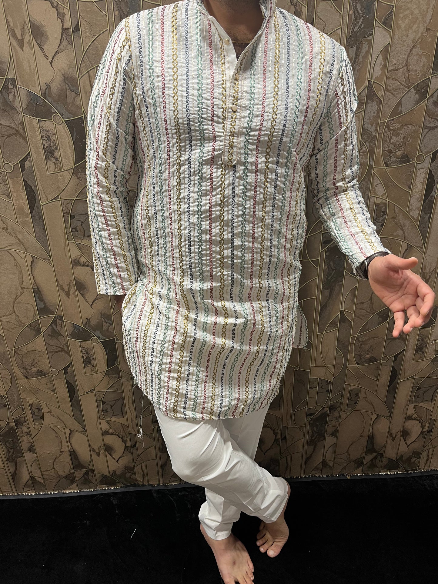 Men’s Embroidered Kurta – Multi-Color Design with Sequence Work A24