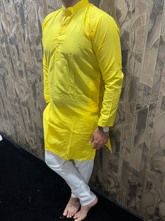 Men’s Pure Yellow Cotton Kurta – Minimal & Classy Everyday Wear A27