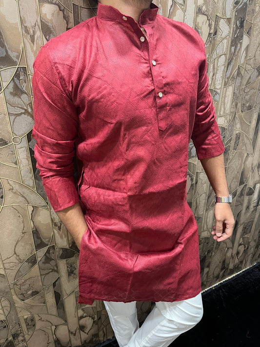Men’s Pure Cotton Red Kurta – Classic Checks Pattern A22