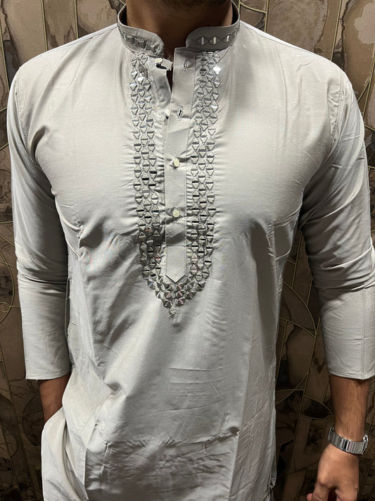 Men’s Cotton Grey Kurta – Classic Plain Design with Mirror Work - A14