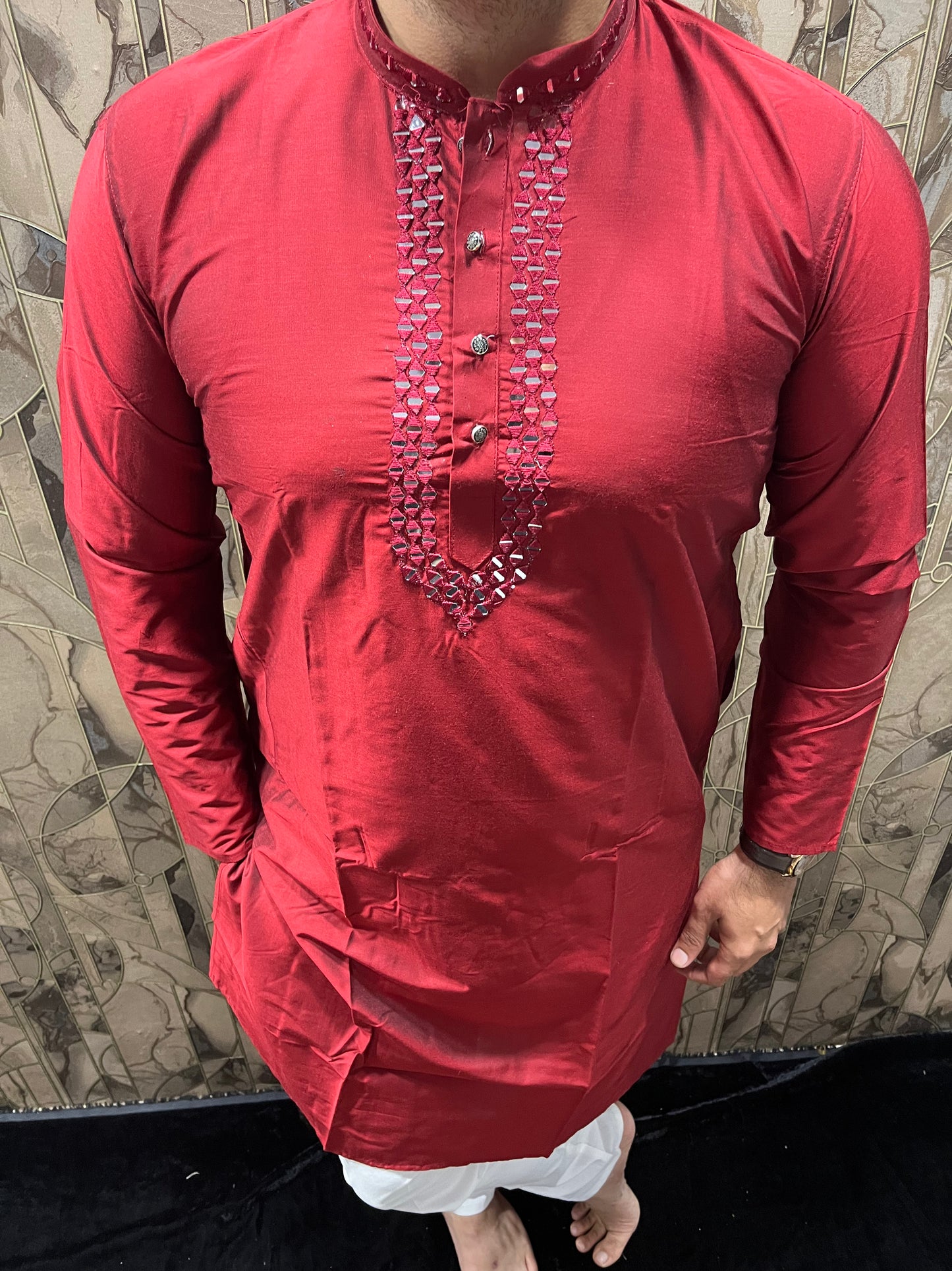 Men’s Cotton Red Kurta – Classic Plain Design with Mirror Work - A14