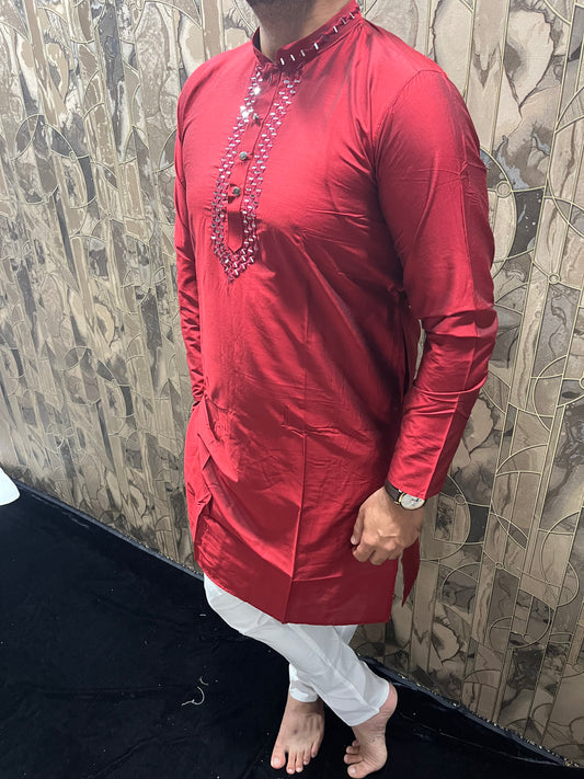 Men’s Cotton Red Kurta – Classic Plain Design with Mirror Work - A14