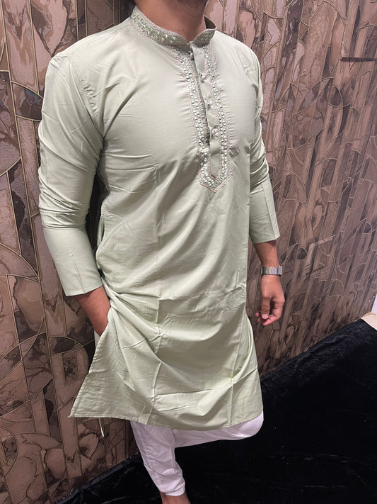 Men’s Cotton Light Green Kurta – Classic Plain Design with Mirror Work - A14