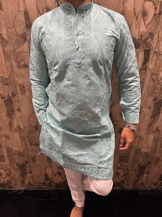 Men’s Wedding Wear Sky Blue Kurta – Chikan & Mirror Work - A4