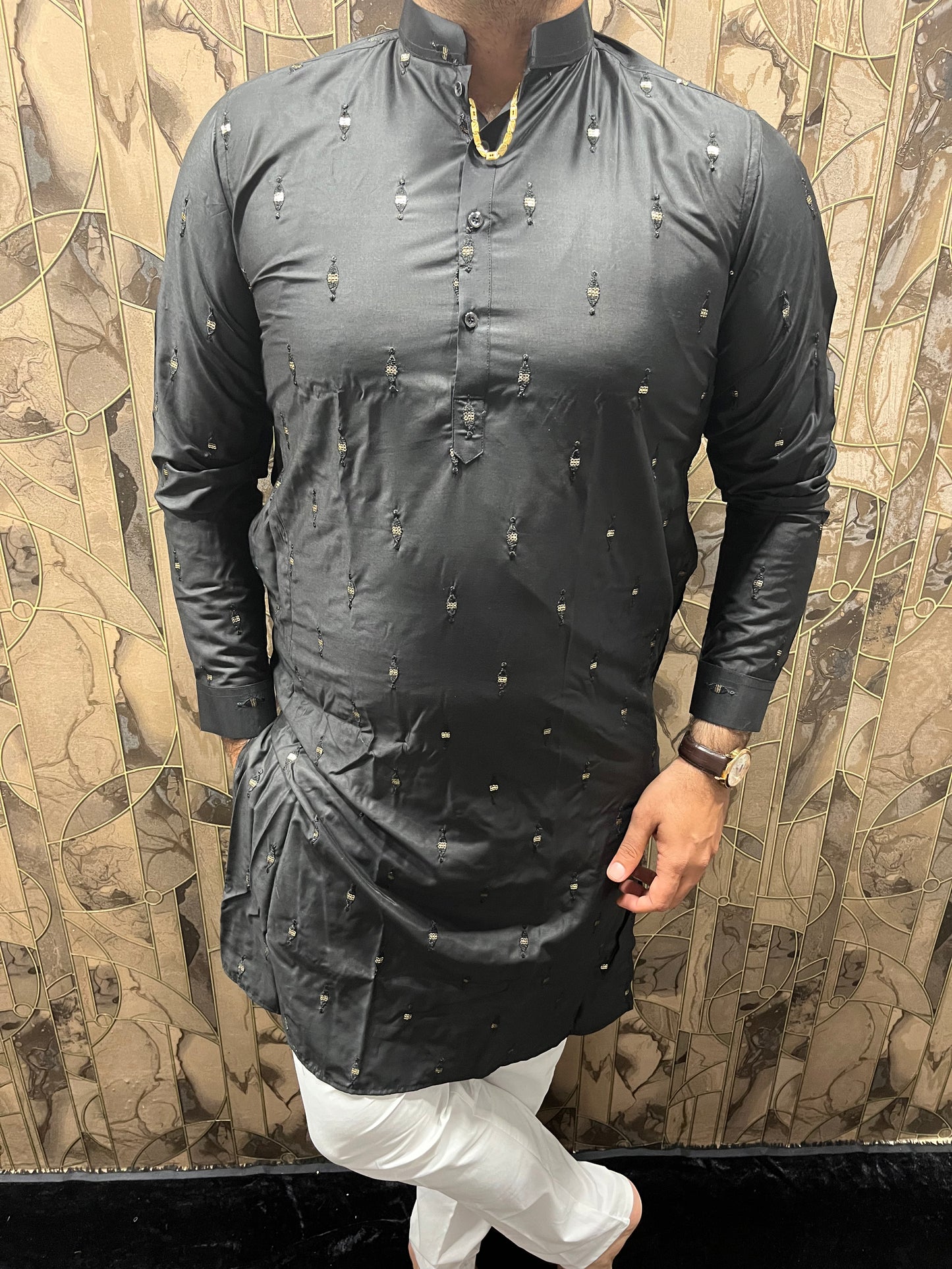 Men’s Cotton Black Kurta – Minimal Mirror Work for Festive & Party Wear