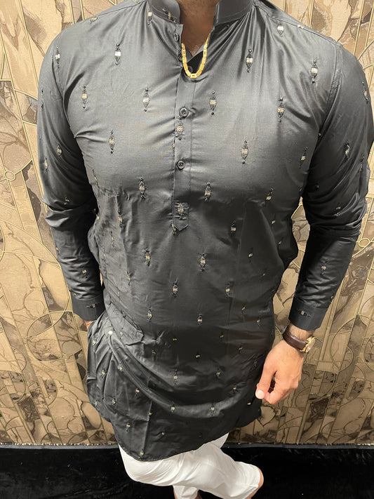 Men’s Cotton Black Kurta – Minimal Mirror Work for Festive & Party Wear