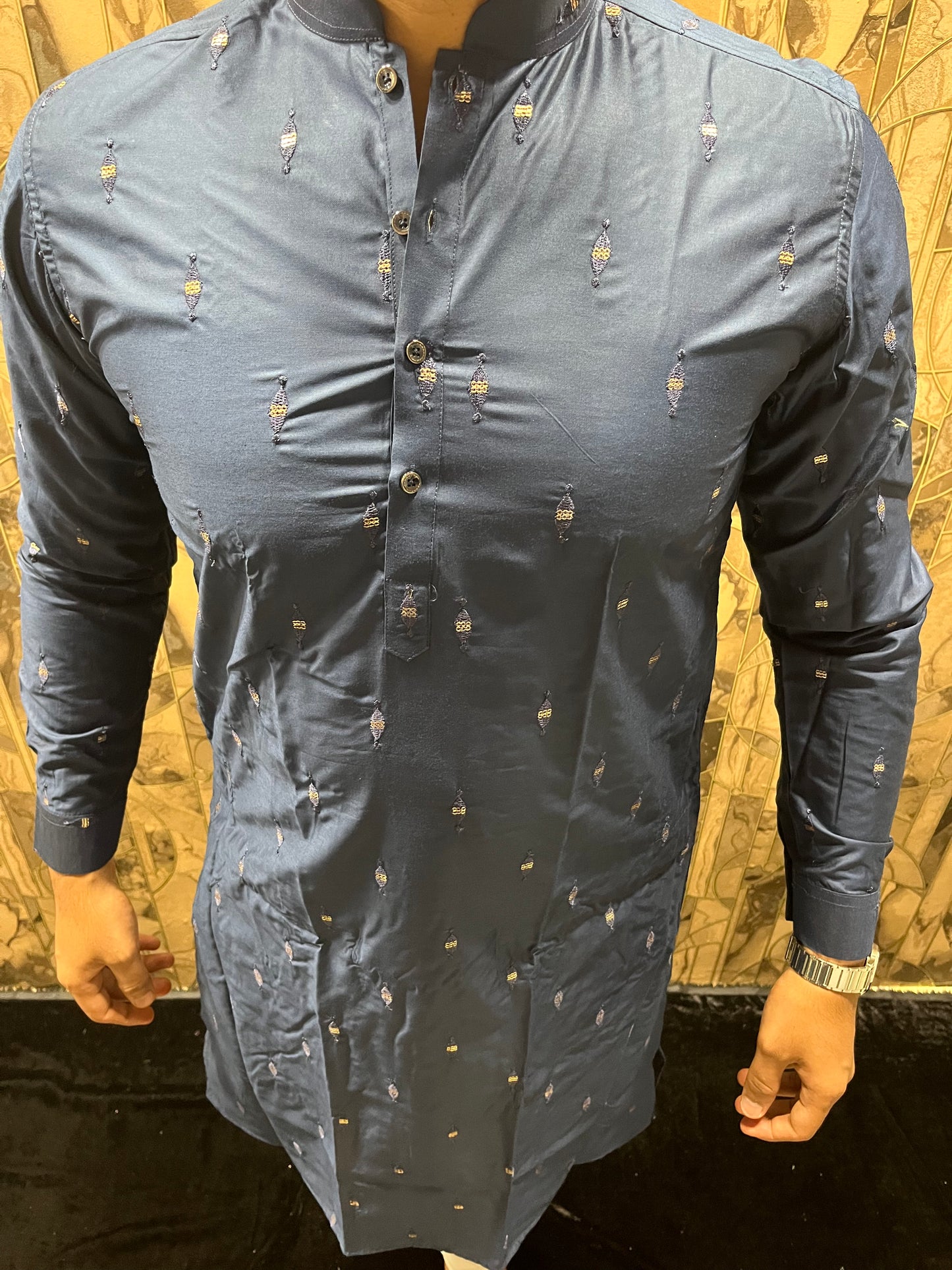 Men’s Cotton Navy Blue Kurta – Minimal Mirror Work for Festive & Party Wear