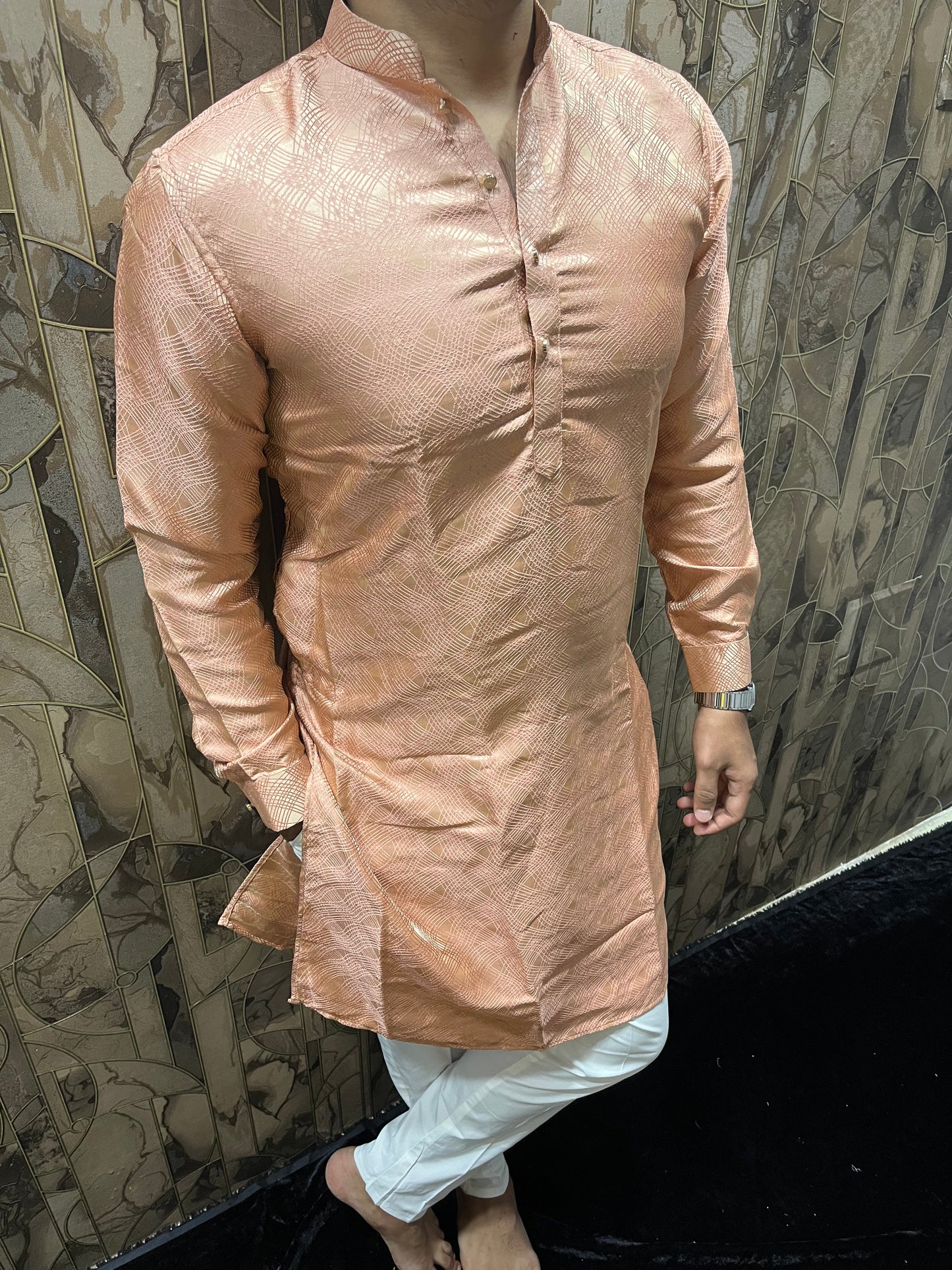 Men’s Cotton Peach – Subtle Golden Thread Work for Festive Wear - A10