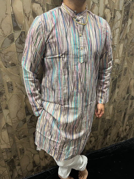 Men’s Cotton Kurta – Minimal Gold Print in Multicolor Design A18