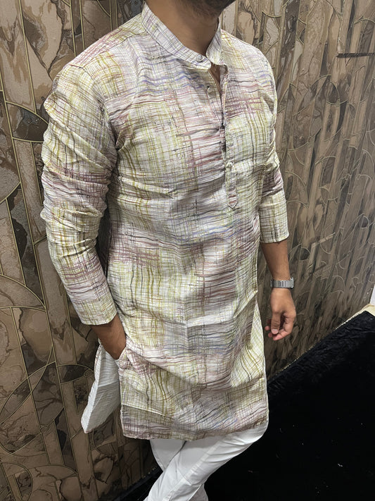 Men’s Cotton Kurta – Minimal Gold Print in Multicolor Design A18