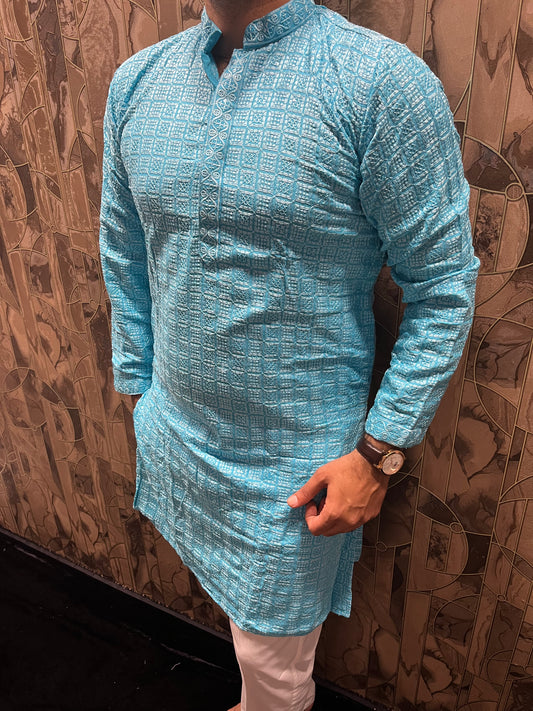 Men’s Chikan Light Blue Kurta – Elegant Sequence Work for Festive Wear A19