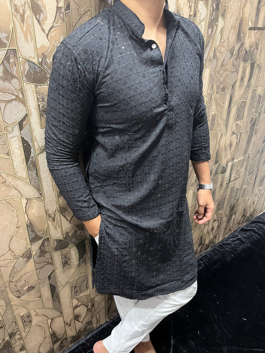 Men’s Chikan Black Kurta – Elegant Sequence Work for Festive Wear A20