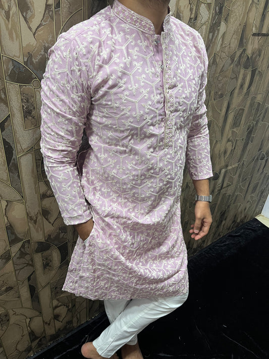 Men’s Cotton Light Pink Kurta – Embroidery Design with Gold Sequence Work - A15