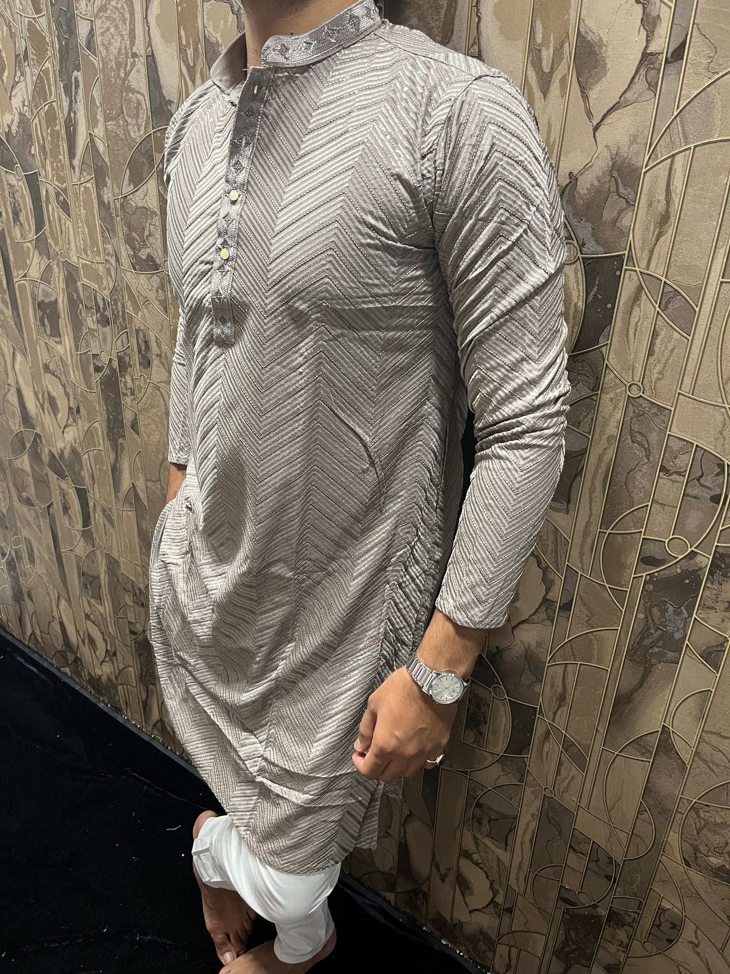 Men’s Festive Grey Kurta – Heavy Chikan with Subtle Sequence & W Pattern A13