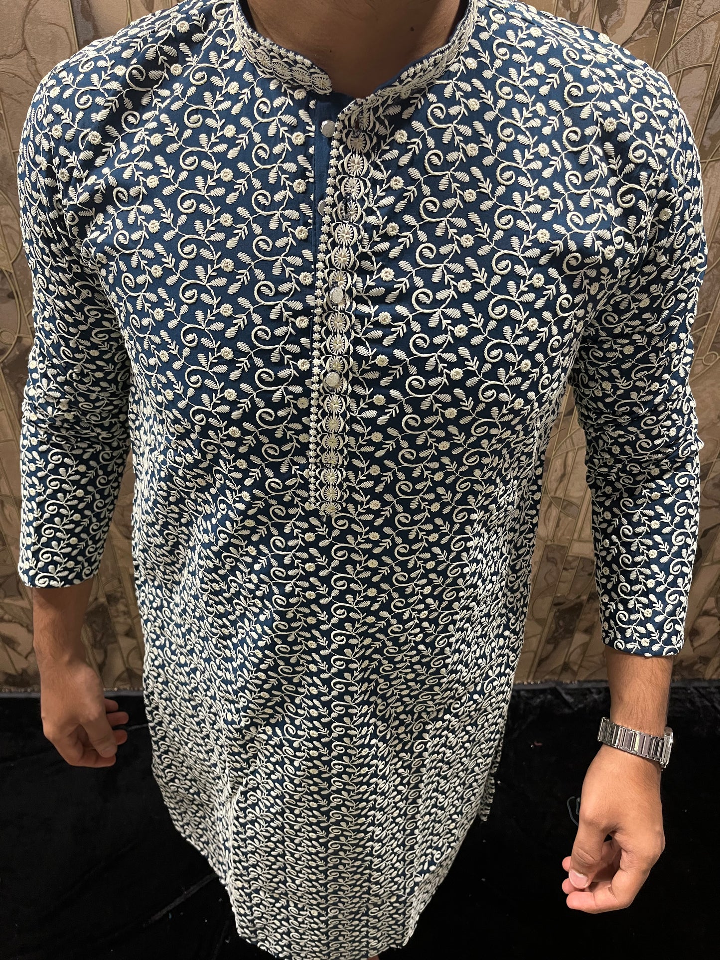Men’s Cotton Blue and White Kurta – Full Sequence Chikan Work with Chinese Collar - A17