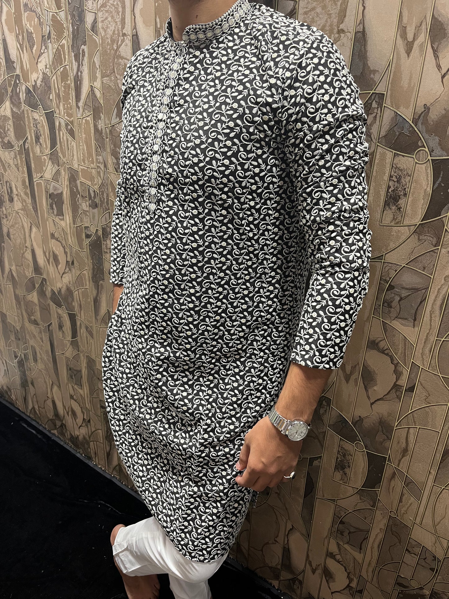 Men’s Cotton Black and White Kurta – Full Sequence Chikan Work with Chinese Collar - A17