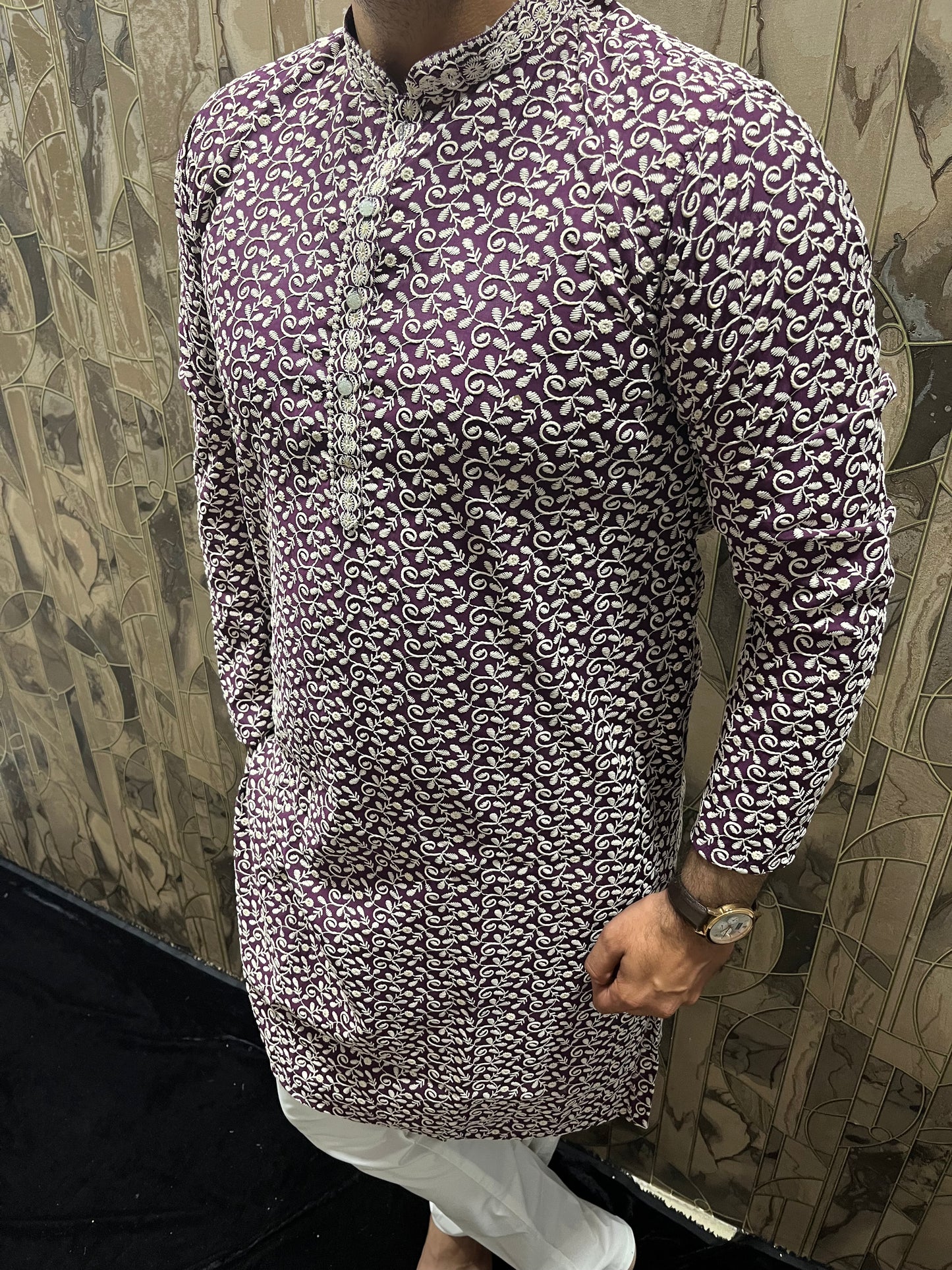 Men’s Cotton Maroon and White Kurta – Full Sequence Chikan Work with Chinese Collar - A17