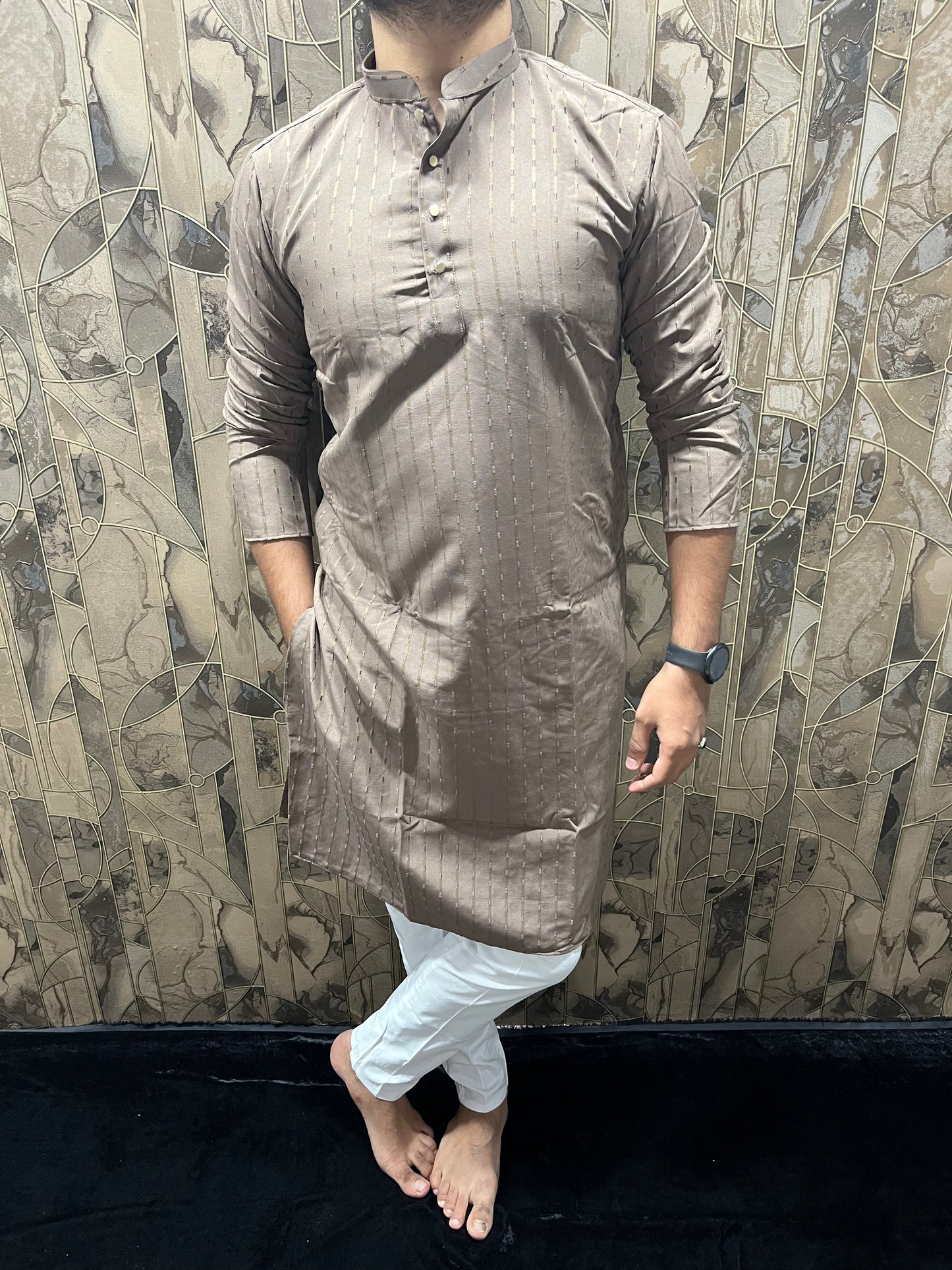 Men’s Cotton Brown Kurta – Subtle Stripe Design for Everyday Wear - A12