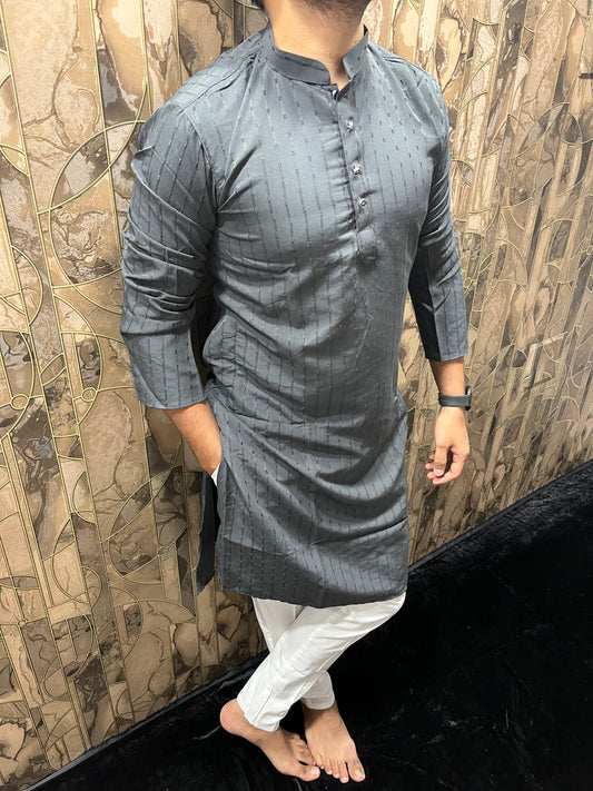 Men’s Cotton Grey Kurta – Subtle Stripe Design for Everyday Wear - A12