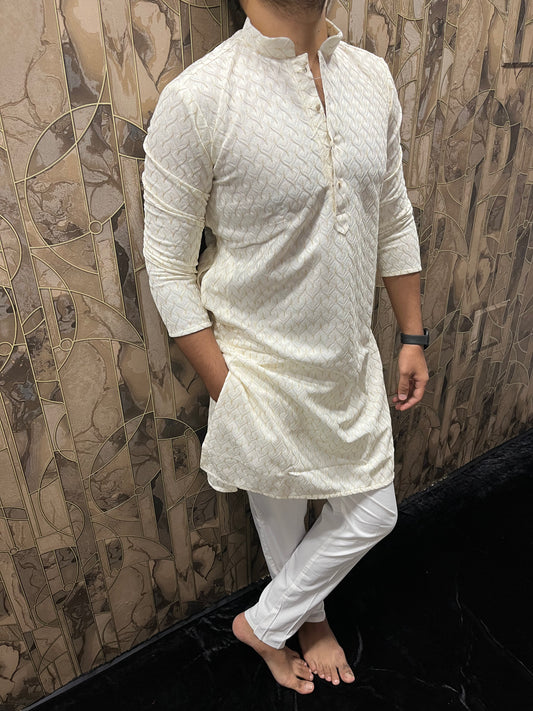 Men’s White Kurta – Full Front & Back Embroidery with W-Pattern for Wedding & Festive Wear A37