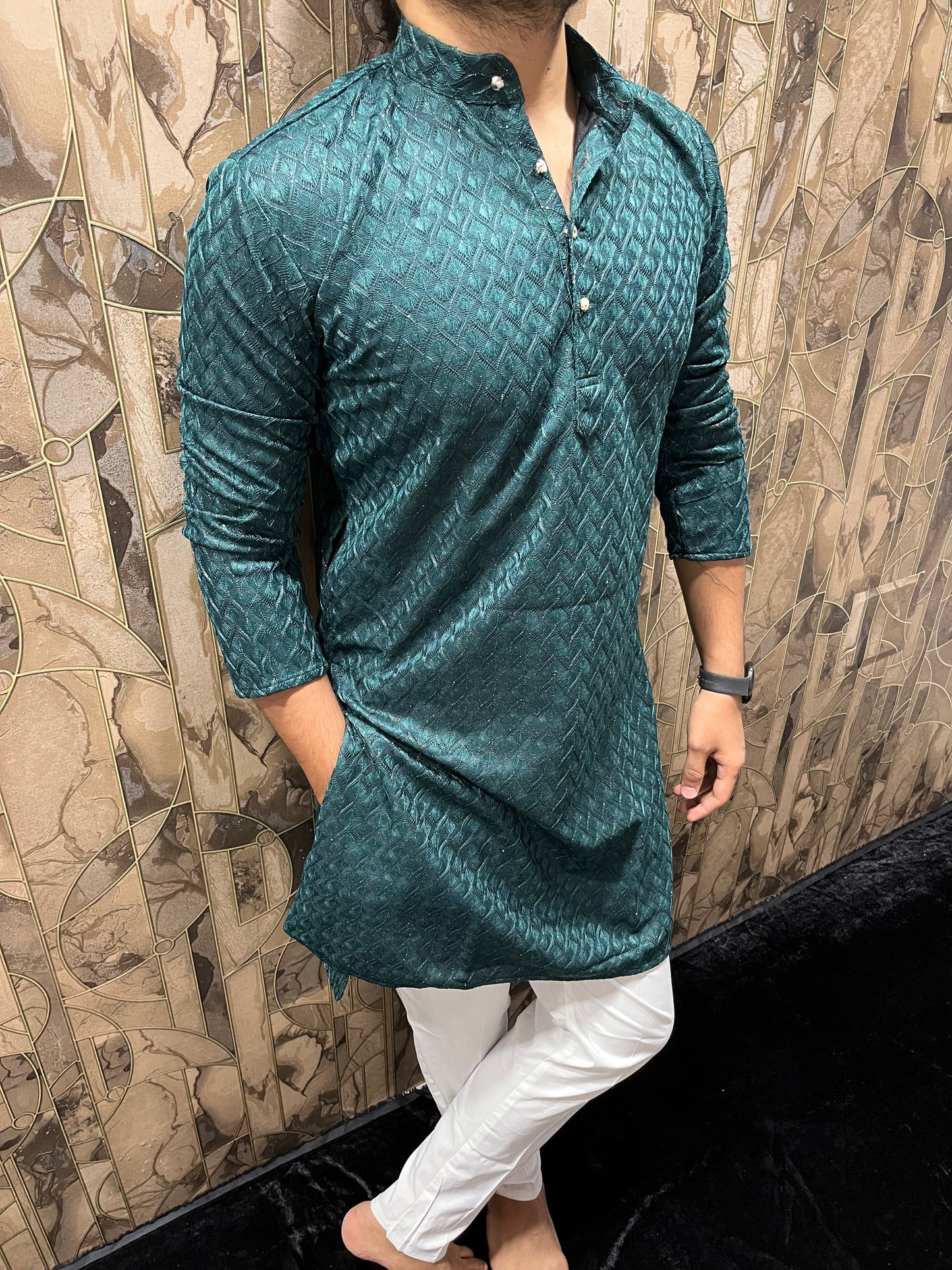 Men’s Green Kurta – Full Front & Back Embroidery with W-Pattern for Wedding & Festive Wear A37