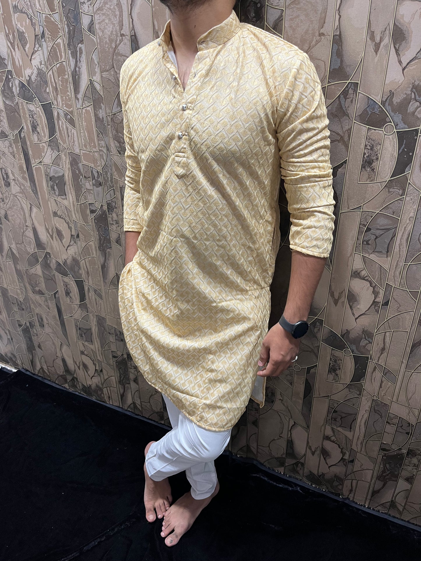 Men’s Yellow Kurta – Full Front & Back Embroidery with W-Pattern for Wedding & Festive Wear A37