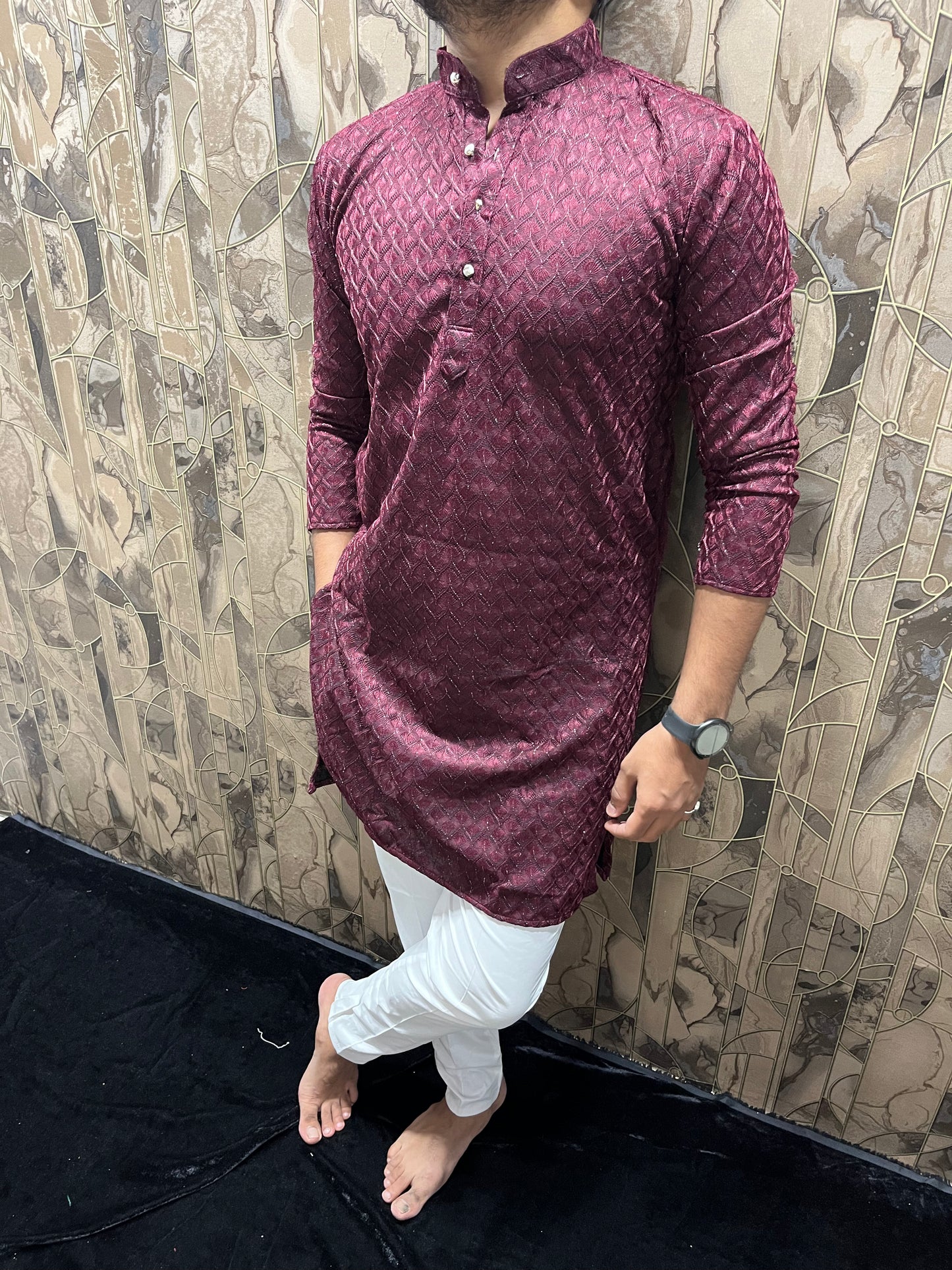 Men’s Maroon Kurta – Full Front & Back Embroidery with W-Pattern for Wedding & Festive Wear A37