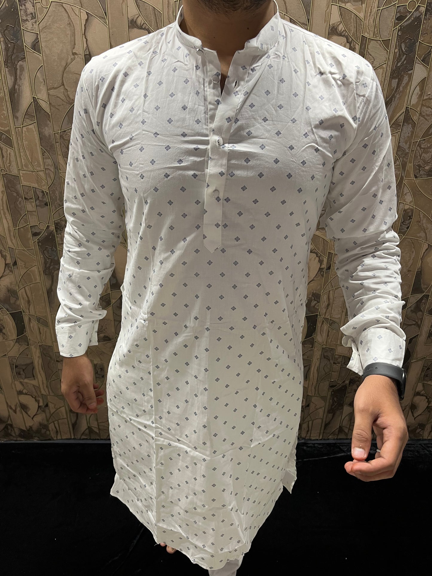 Men’s Cotton White Kurta – Minimal Printed Design for Everyday Wear A33