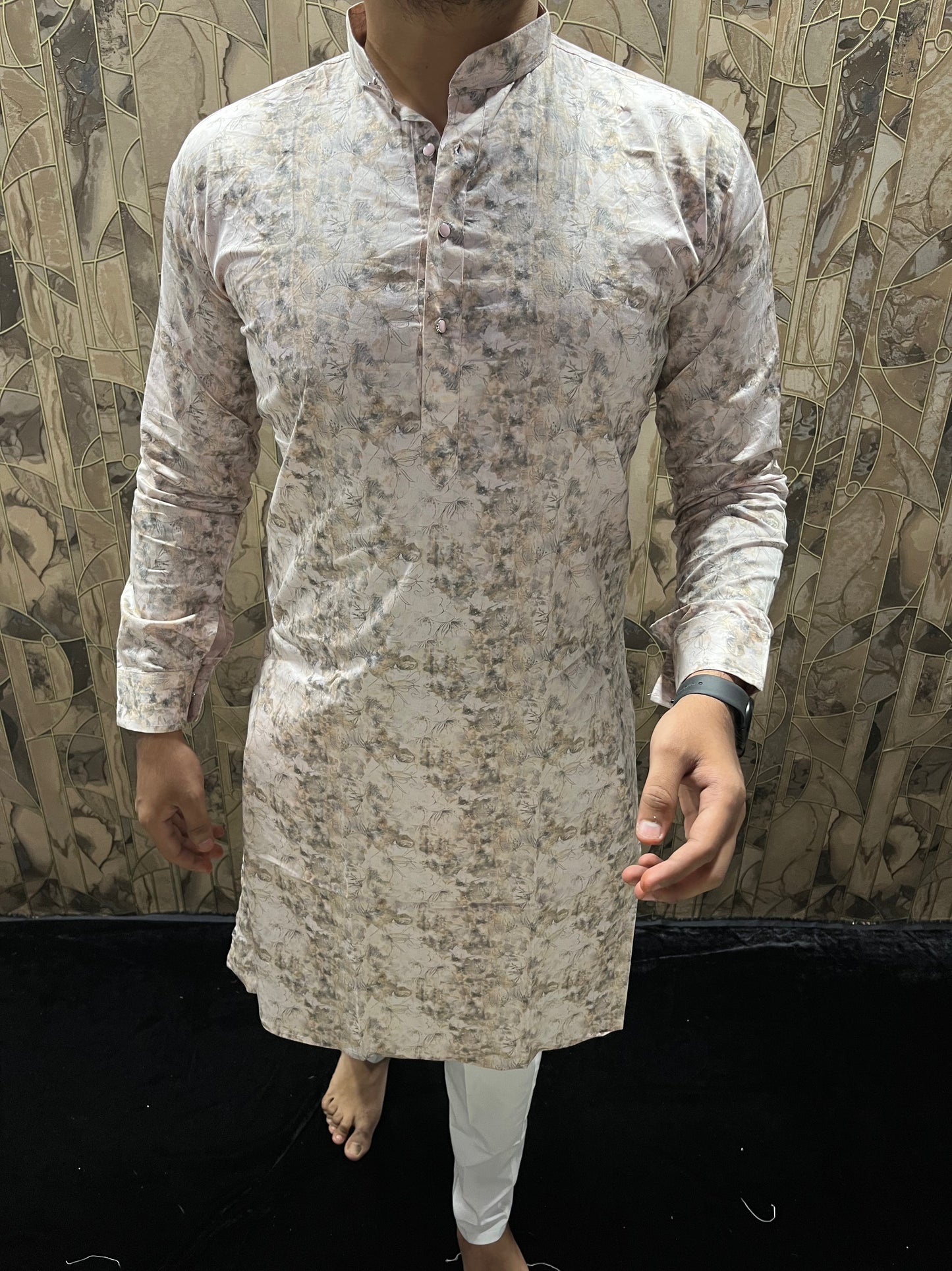 Men’s Cotton Light Pink Kurta – Minimal Printed Design for Everyday Wear A30