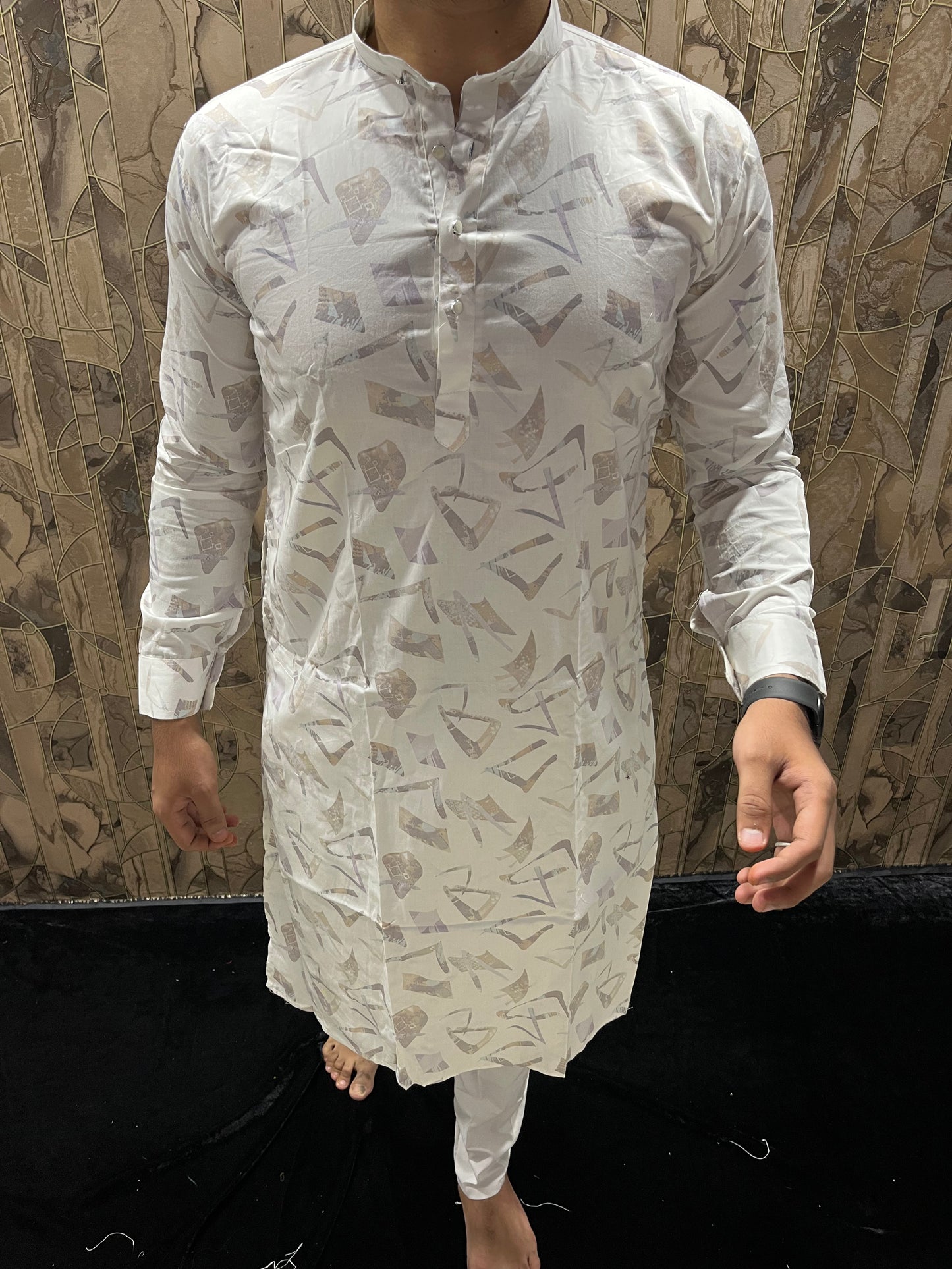 Men’s Cotton White Kurta – Minimal Printed Design for Everyday Wear A32