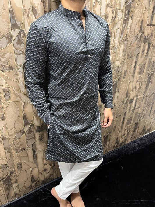 Men’s Cotton Black Kurta – Minimal Printed Design for Everyday Wear A31
