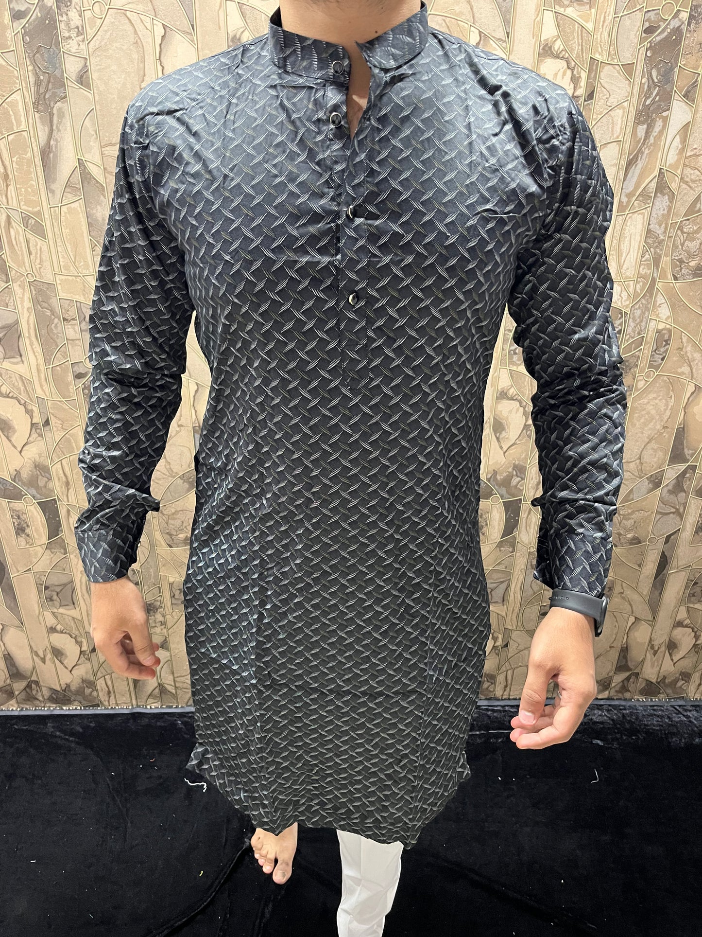 Men’s Cotton Black Kurta – Minimal Printed Design for Everyday Wear A31
