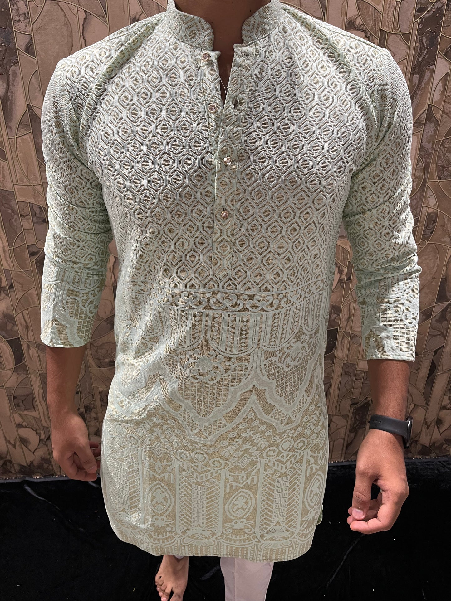 Men’s Light Green Kurta – Full Front & Back Embroidery with Golden Zari & Daman Work A34