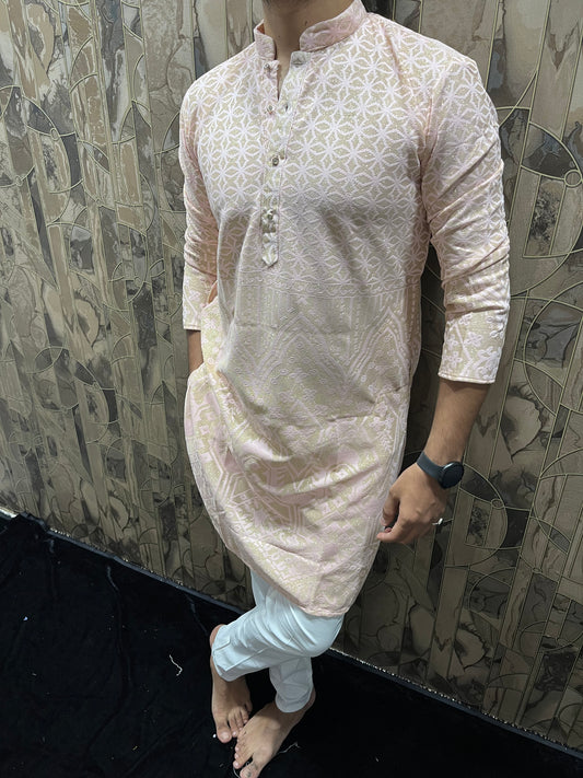 Men’s Light Pink Kurta – Full Front & Back Embroidery with Golden Zari & Daman Work A34