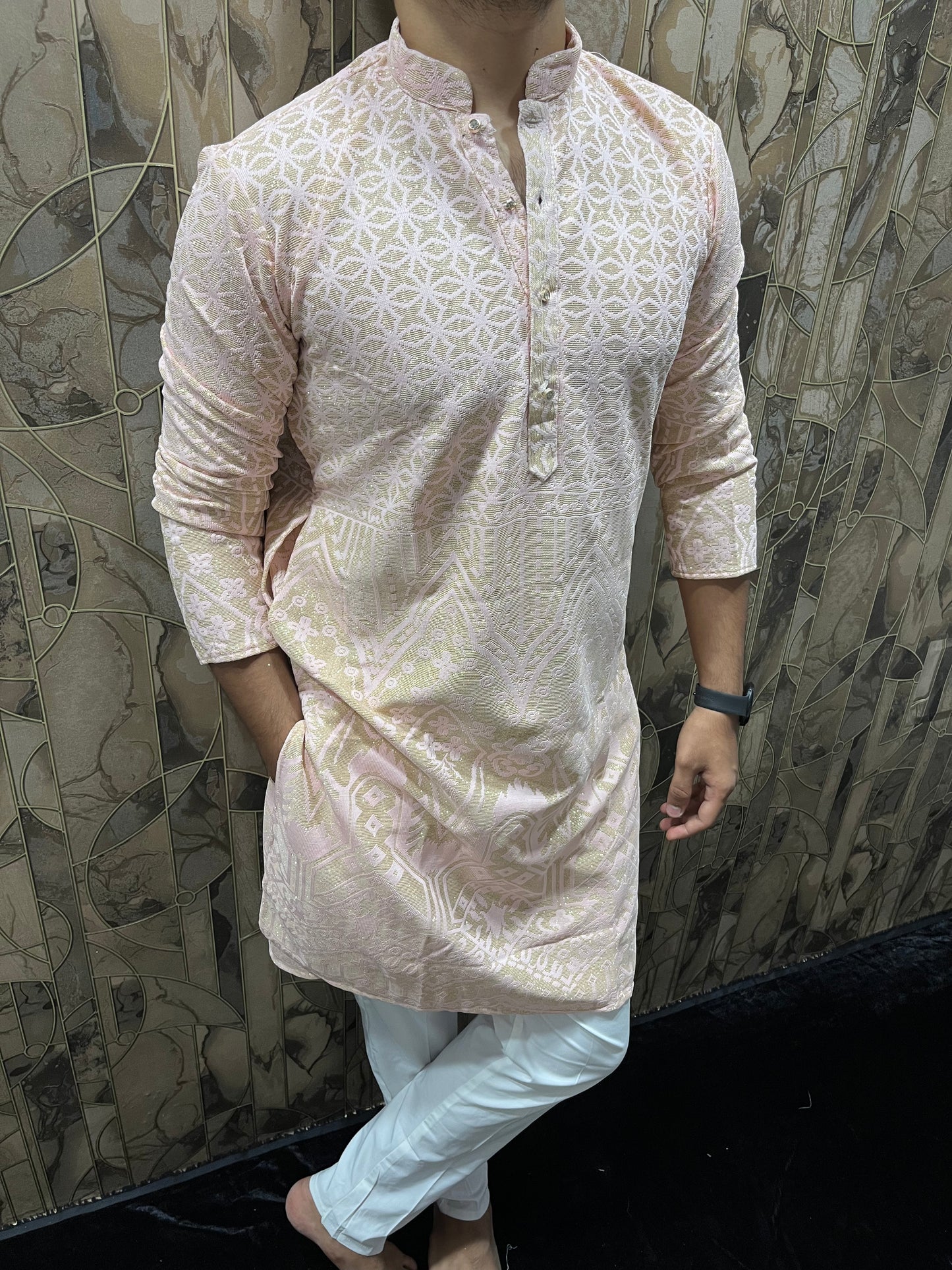 Men’s Light Pink Kurta – Full Front & Back Embroidery with Golden Zari & Daman Work A34