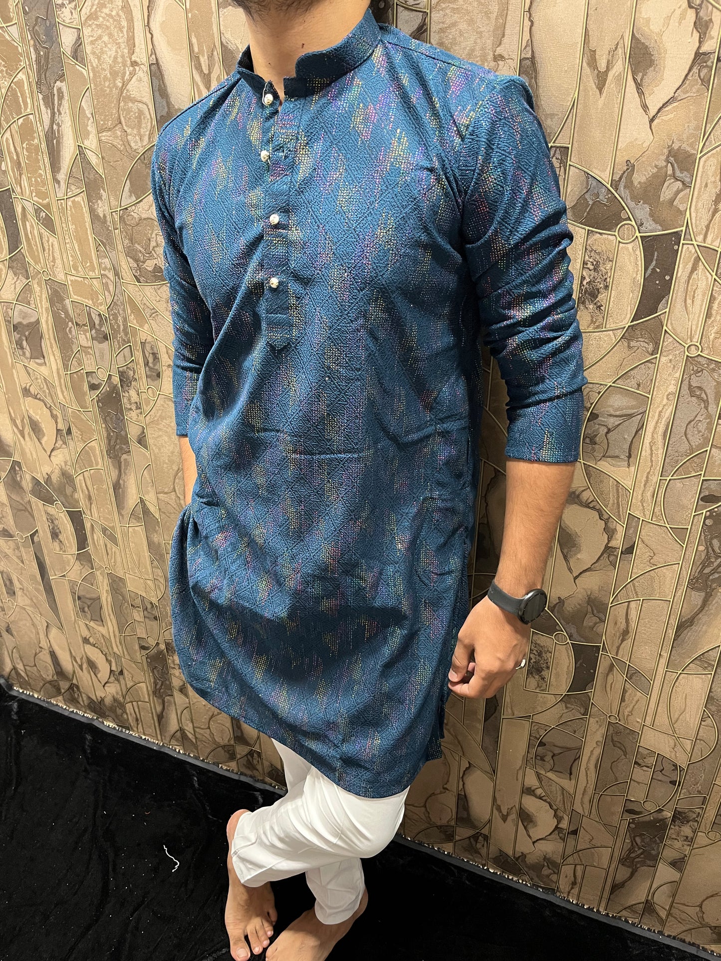 Men’s Blue Kurta – Full Front & Back Embroidery with Gold Detailing for Weddings & Festive Wear A36