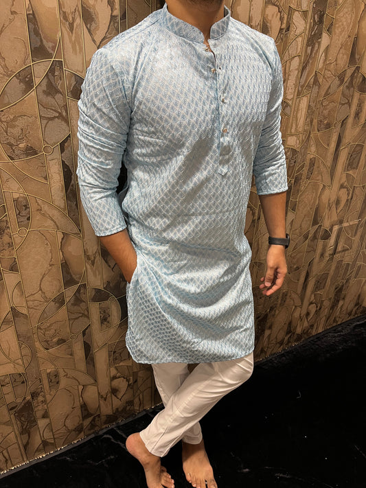 Men’s Sky Blue Kurta – Full Embroidery for Wedding & Festive Wear A35