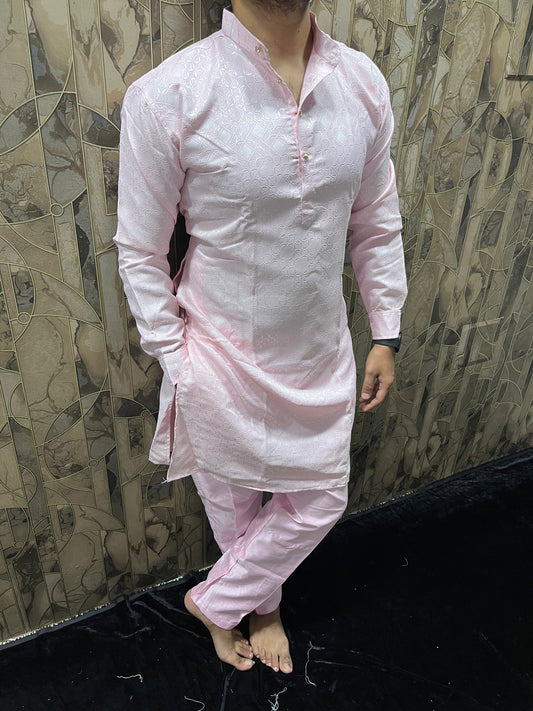 Men’s Pink Kurta Pajama Set – Cuffed Kurta with Chinese Collar & Polo Pants A23