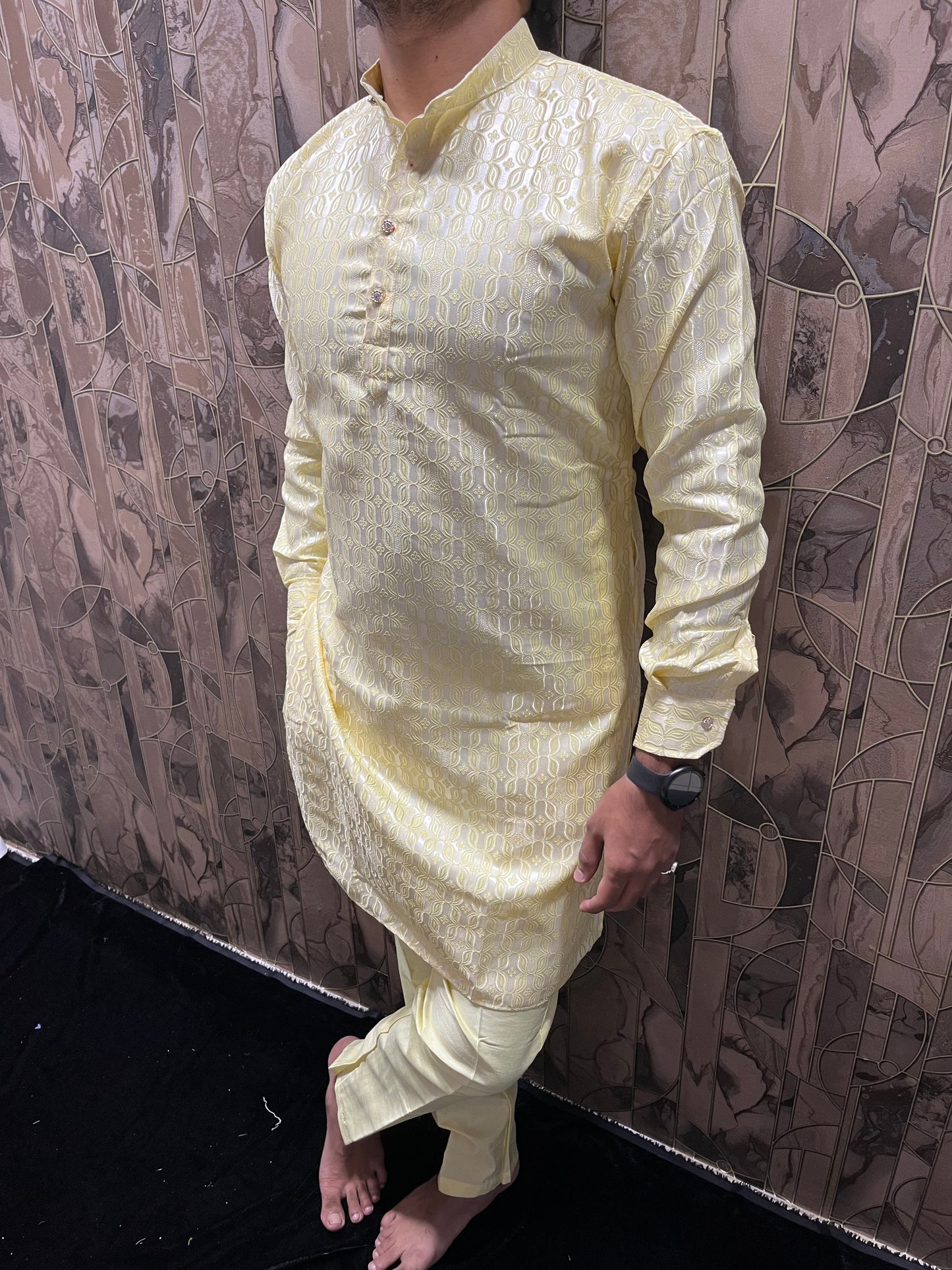 Men’s Yellow Kurta Pajama Set – Cuffed Kurta with Chinese Collar & Polo Pants A23