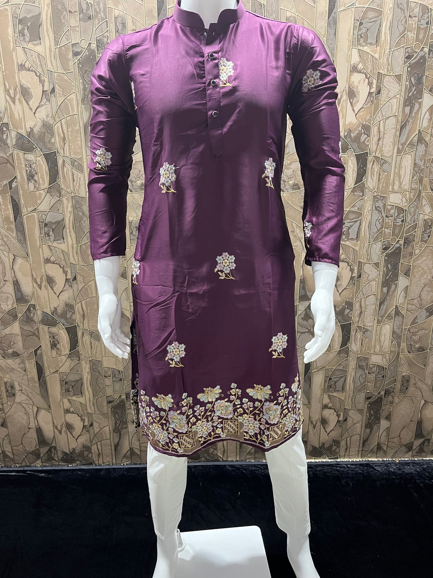 Men’s Silk Burgundy Kurta – Floral Embroidery with Daman Work for Festive Wear - A16