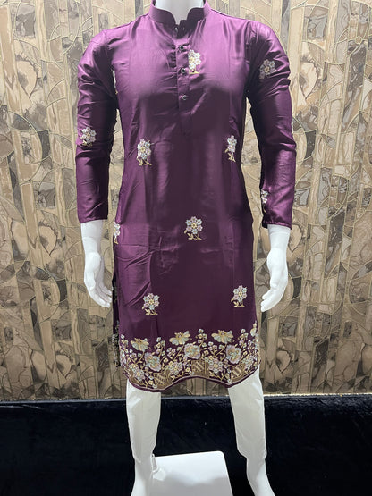 Men’s Silk Burgundy Kurta – Floral Embroidery with Daman Work for Festive Wear - A16