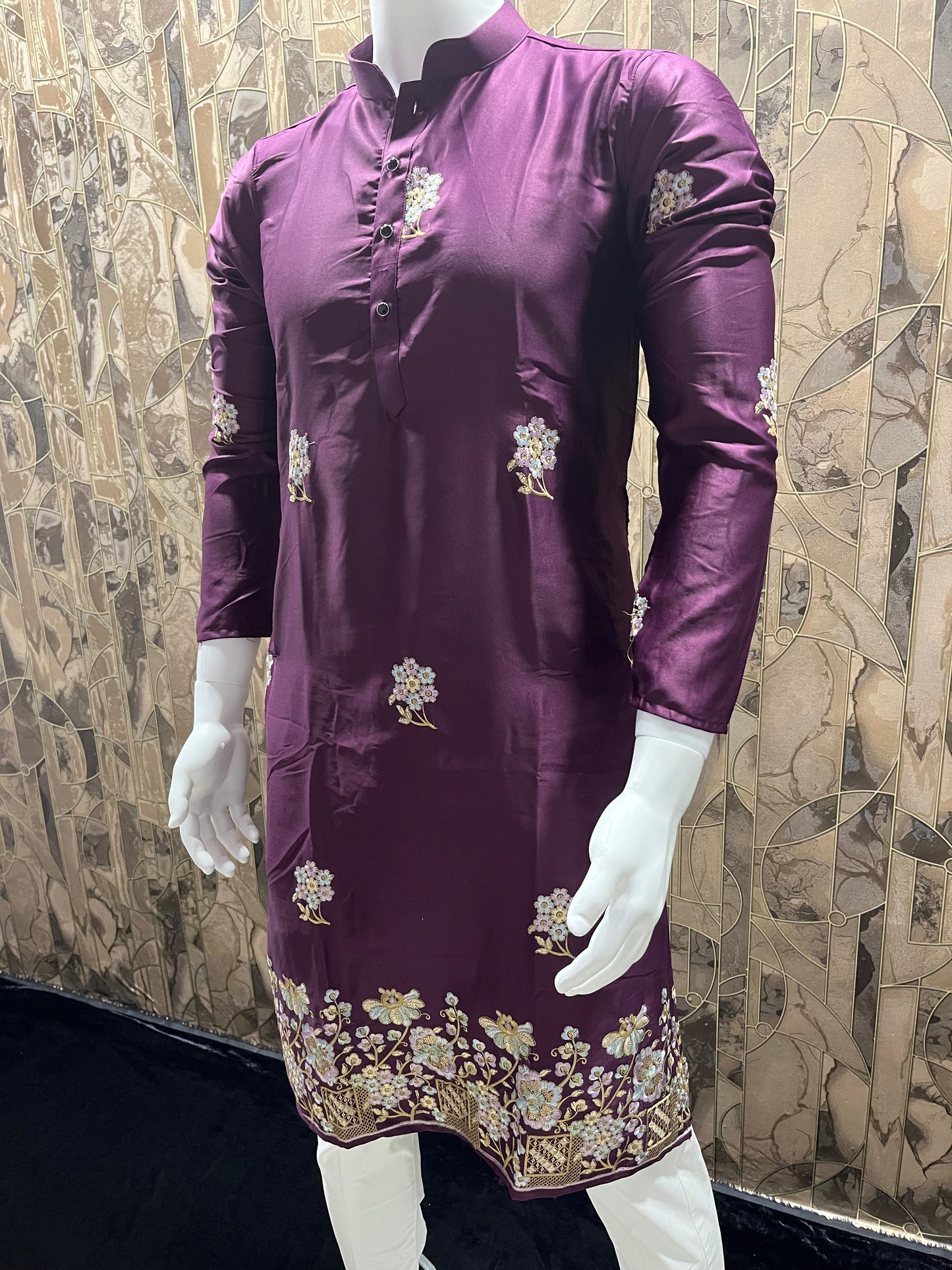 Men’s Silk Burgundy Kurta – Floral Embroidery with Daman Work for Festive Wear - A16