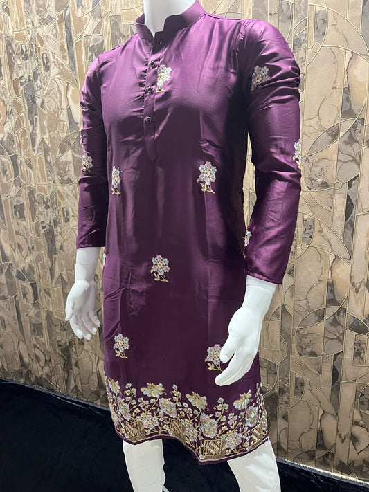 Men’s Silk Burgundy Kurta – Floral Embroidery with Daman Work for Festive Wear - A16