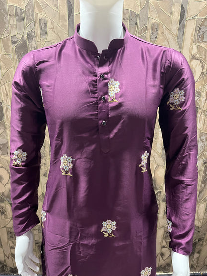 Men’s Silk Burgundy Kurta – Floral Embroidery with Daman Work for Festive Wear - A16