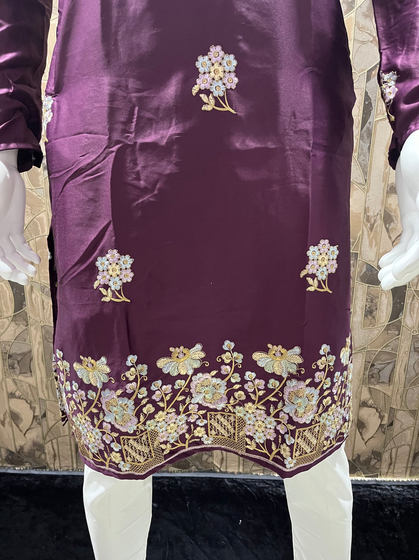 Men’s Silk Burgundy Kurta – Floral Embroidery with Daman Work for Festive Wear - A16