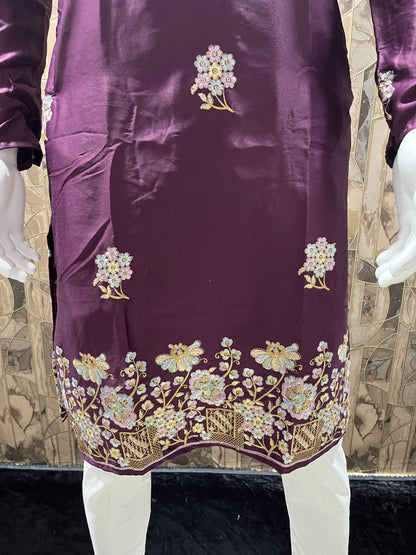 Men’s Silk Burgundy Kurta – Floral Embroidery with Daman Work for Festive Wear - A16
