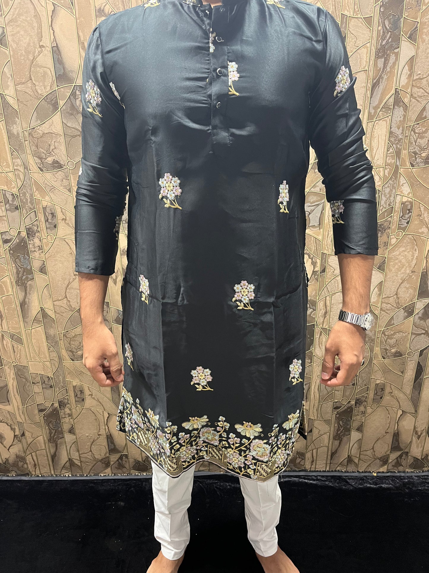 Men’s Silk Black Kurta – Floral Embroidery with Daman Work for Festive Wear - A16